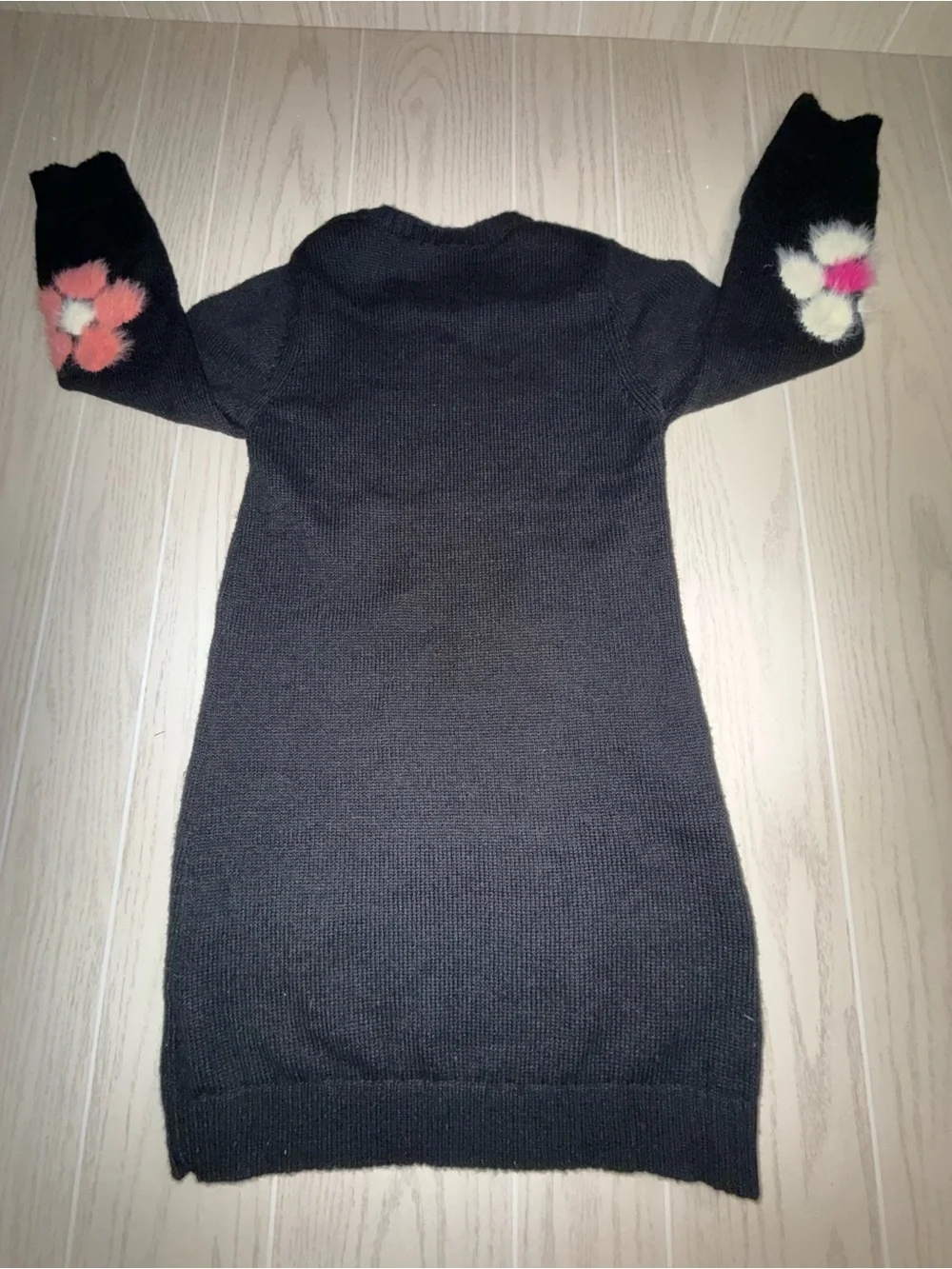 Black Knit Sweater Dress - Pink, Teal & Cream Flower Fuzzy Accents.  Girls 12